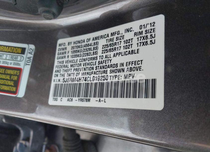 Photo 9 of 2012 Honda Cr-v EX-L (VIN 5J6RM4H74CL019250)