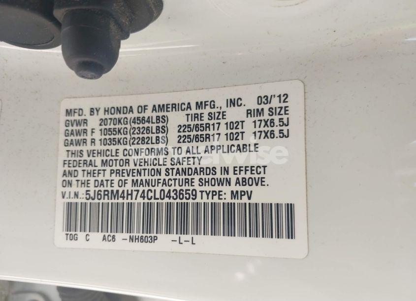 Photo 9 of 2012 Honda Cr-v EX-L (VIN 5J6RM4H74CL043659)