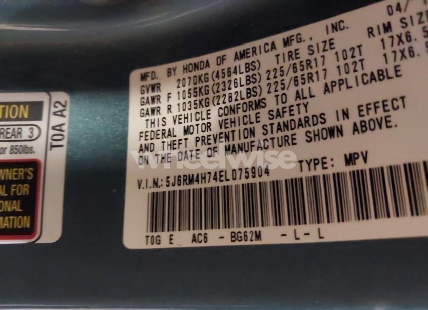 Photo 9 of 2014 Honda Cr-v EX-L (VIN 5J6RM4H74EL075904)