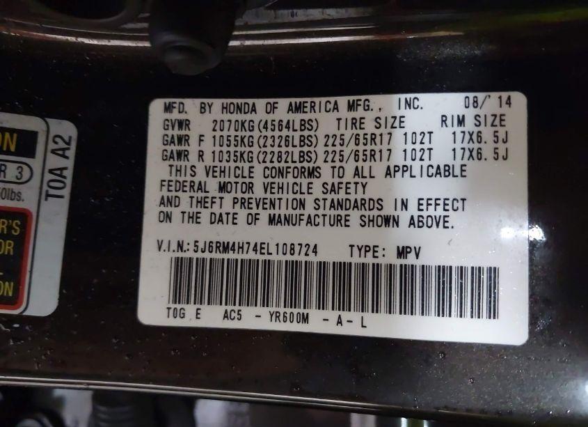 Photo 9 of 2014 Honda Cr-v EX-L (VIN 5J6RM4H74EL108724)