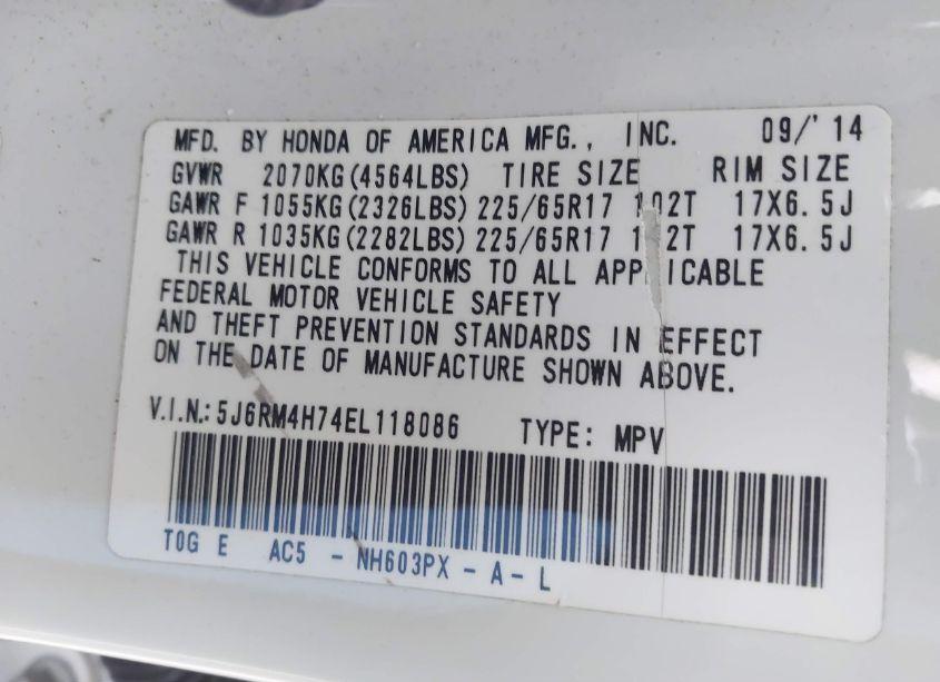 Photo 9 of 2014 Honda Cr-v EX-L (VIN 5J6RM4H74EL118086)