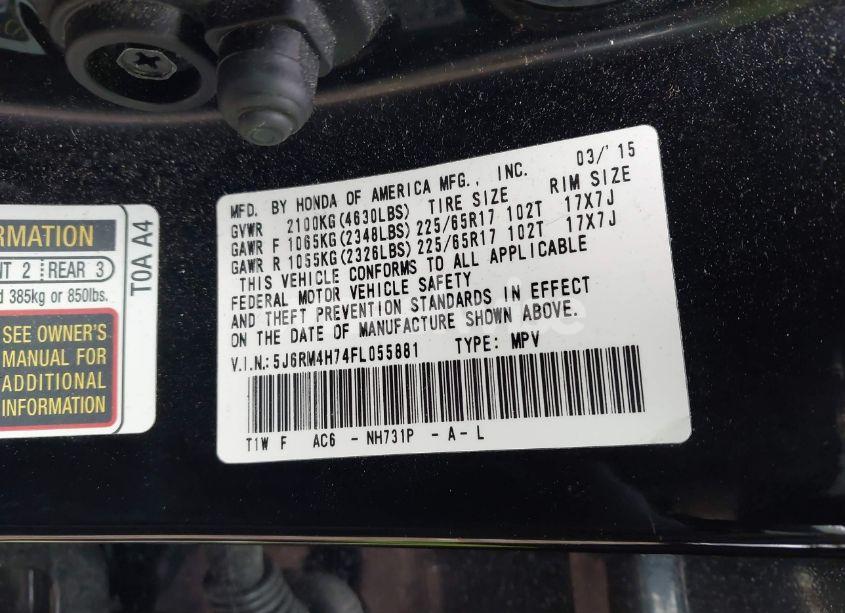 Photo 9 of 2015 Honda Cr-v EX-L (VIN 5J6RM4H74FL055881)