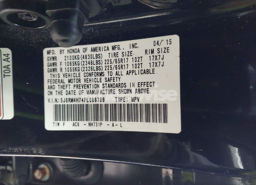 Photo 9 of 2015 Honda Cr-v EX-L (VIN 5J6RM4H74FL068789)