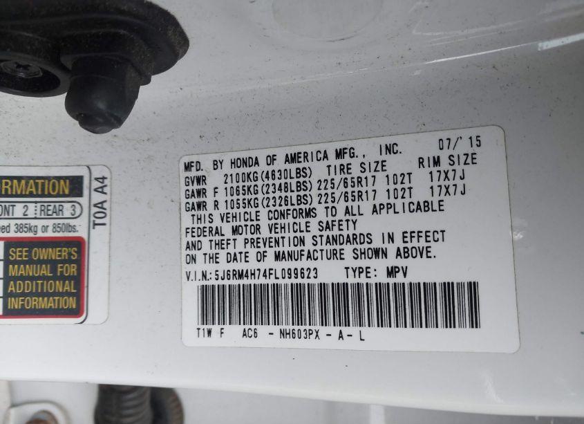 Photo 9 of 2015 Honda Cr-v EX-L (VIN 5J6RM4H74FL099623)