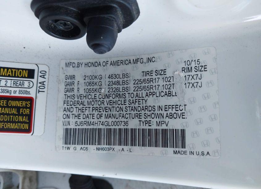 Photo 9 of 2016 Honda Cr-v EX-L (VIN 5J6RM4H74GL000736)