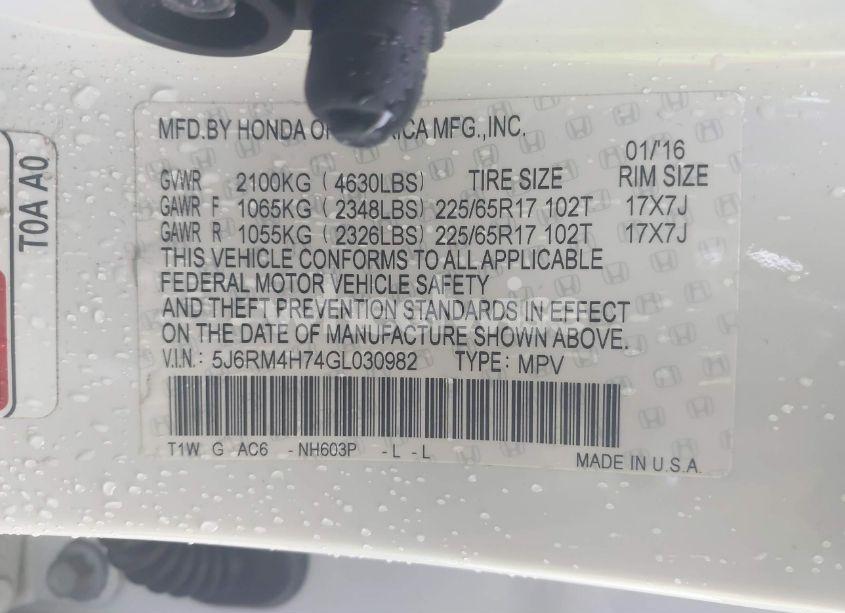 Photo 9 of 2016 Honda Cr-v EX-L (VIN 5J6RM4H74GL030982)