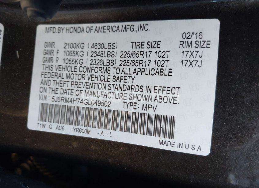 Photo 9 of 2016 Honda Cr-v EX-L (VIN 5J6RM4H74GL049502)