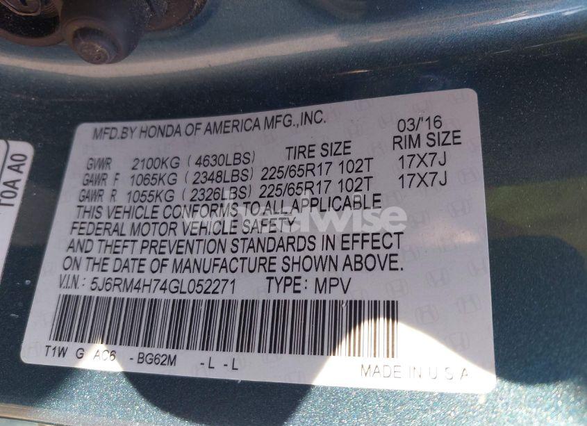 Photo 9 of 2016 Honda Cr-v EX-L (VIN 5J6RM4H74GL052271)