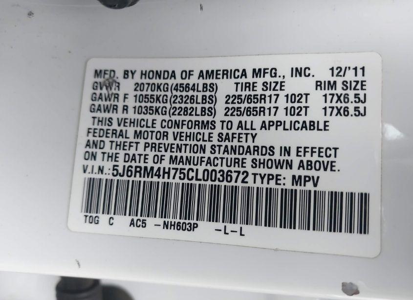 Photo 9 of 2012 Honda Cr-v EX-L (VIN 5J6RM4H75CL003672)