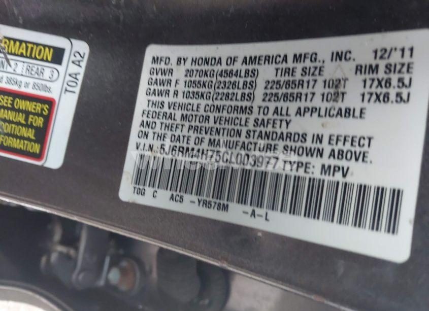 Photo 9 of 2012 Honda Cr-v EX-L (VIN 5J6RM4H75CL003977)