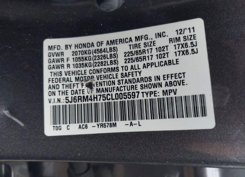 Photo 9 of 2012 Honda Cr-v EX-L (VIN 5J6RM4H75CL005597)