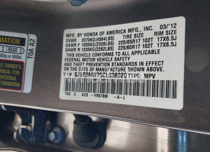 Photo 9 of 2012 Honda Cr-v EX-L (VIN 5J6RM4H75CL038020)