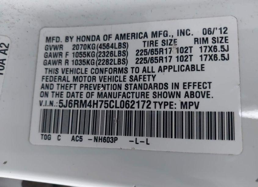 Photo 9 of 2012 Honda Cr-v EX-L (VIN 5J6RM4H75CL062172)