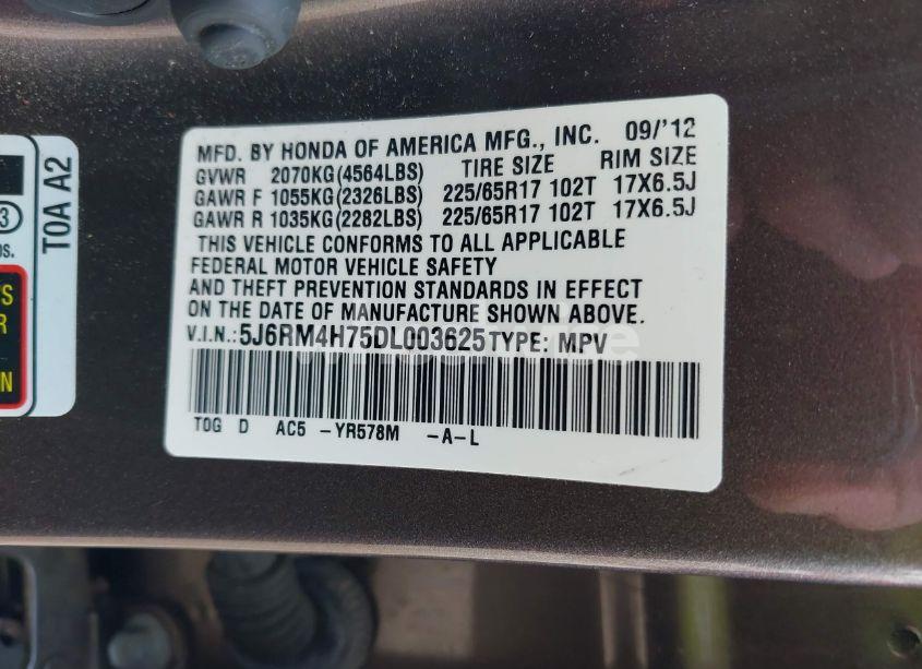 Photo 9 of 2013 Honda Cr-v EX-L (VIN 5J6RM4H75DL003625)