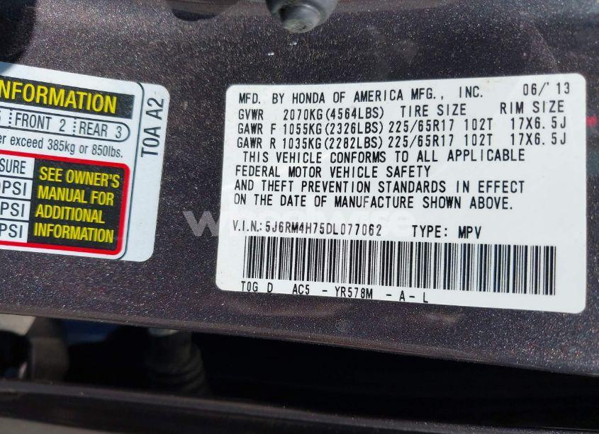 Photo 9 of 2013 Honda Cr-v EX-L (VIN 5J6RM4H75DL077062)