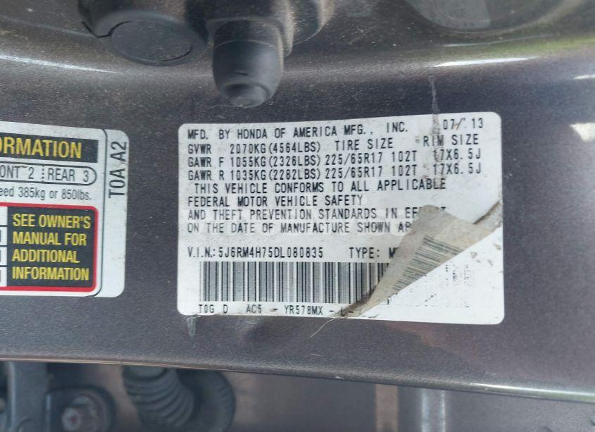 Photo 9 of 2013 Honda Cr-v EX-L (VIN 5J6RM4H75DL080835)