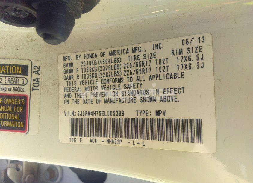 Photo 9 of 2014 Honda Cr-v EX-L (VIN 5J6RM4H75EL005389)