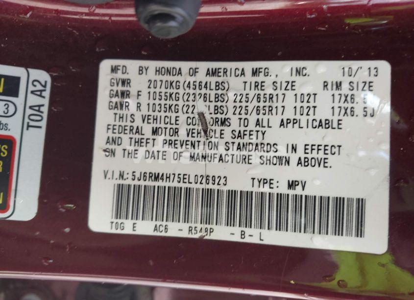 Photo 9 of 2014 Honda Cr-v EX-L (VIN 5J6RM4H75EL026923)