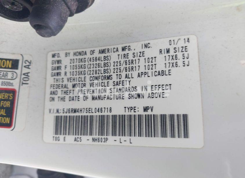 Photo 9 of 2014 Honda Cr-v EX-L (VIN 5J6RM4H75EL046718)