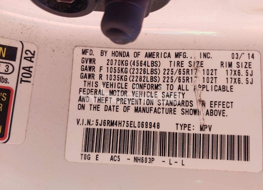 Photo 9 of 2014 Honda Cr-v EX-L (VIN 5J6RM4H75EL069948)