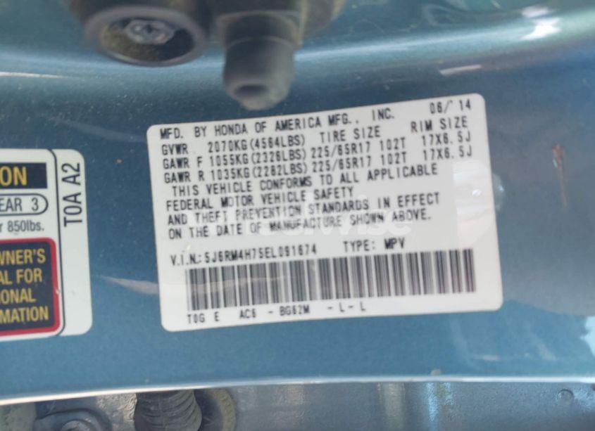 Photo 9 of 2014 Honda Cr-v EX-L (VIN 5J6RM4H75EL091674)