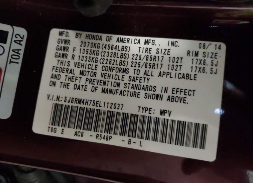 Photo 9 of 2014 Honda Cr-v EX-L (VIN 5J6RM4H75EL112037)