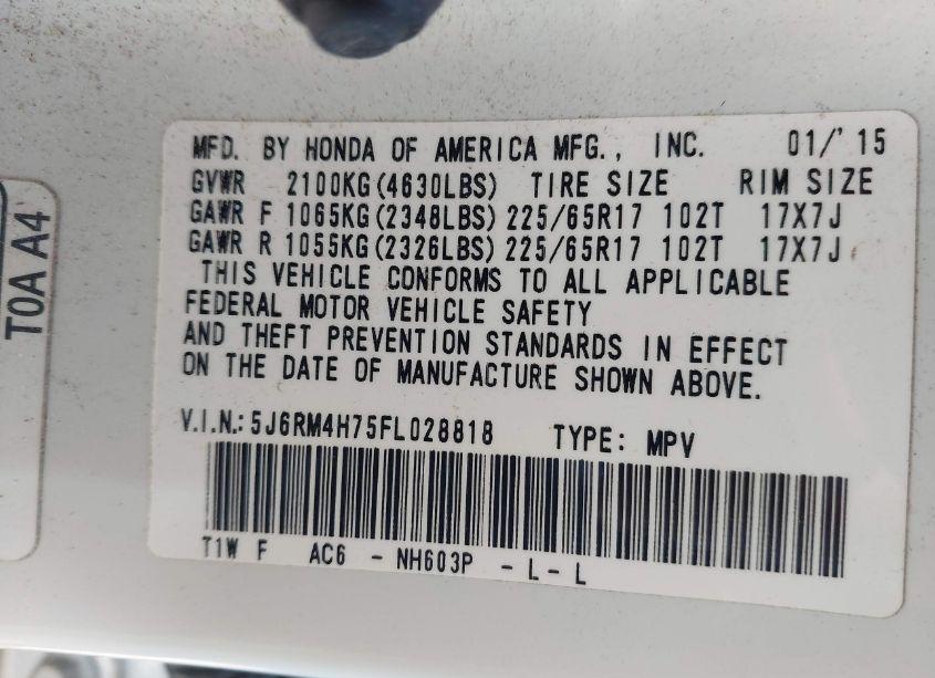 Photo 9 of 2015 Honda Cr-v EX-L (VIN 5J6RM4H75FL028818)