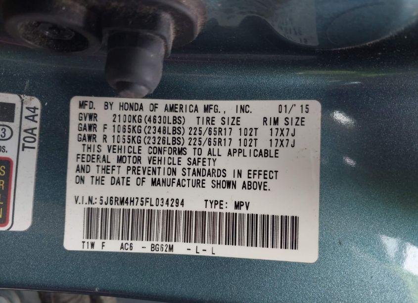 Photo 9 of 2015 Honda Cr-v EX-L (VIN 5J6RM4H75FL034294)