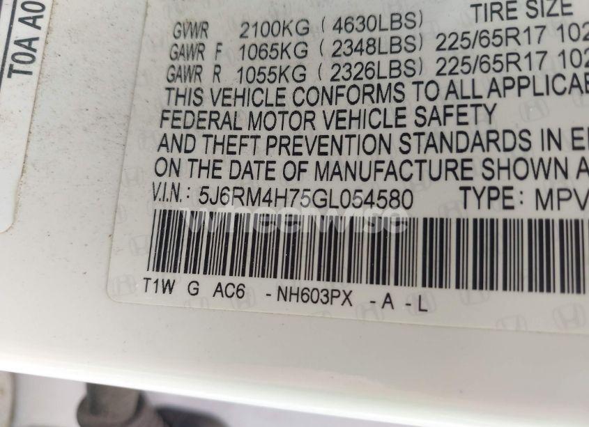 Photo 9 of 2016 Honda Cr-v EX-L (VIN 5J6RM4H75GL054580)