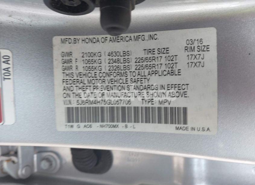 Photo 9 of 2016 Honda Cr-v EX-L (VIN 5J6RM4H75GL057706)