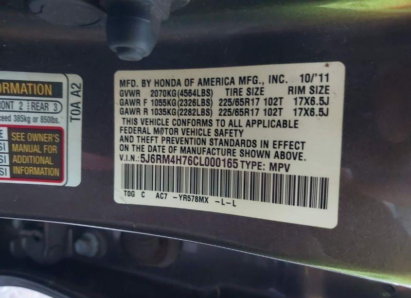 Photo 9 of 2012 Honda Cr-v EX-L (VIN 5J6RM4H76CL000165)