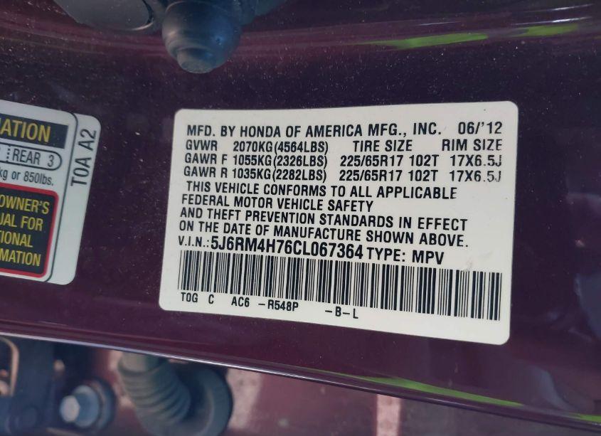 Photo 9 of 2012 Honda Cr-v EX-L (VIN 5J6RM4H76CL067364)