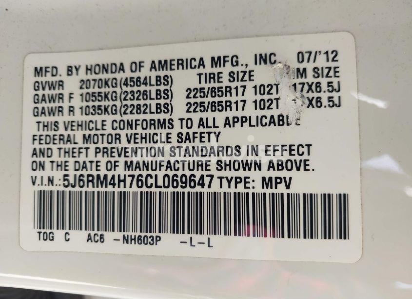 Photo 9 of 2012 Honda Cr-v EX-L (VIN 5J6RM4H76CL069647)