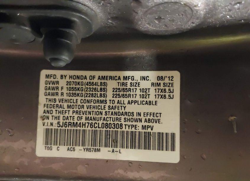 Photo 9 of 2012 Honda Cr-v EX-L (VIN 5J6RM4H76CL080308)