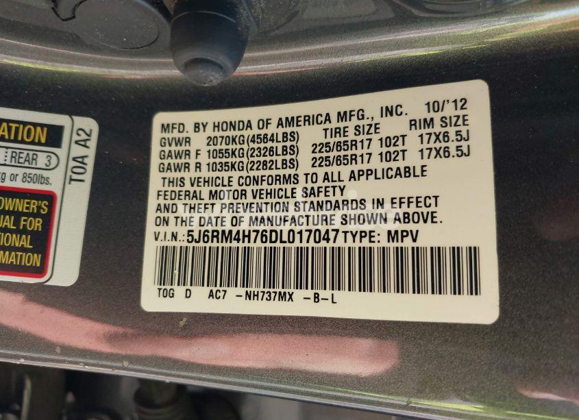 Photo 9 of 2013 Honda Cr-v EX-L (VIN 5J6RM4H76DL017047)