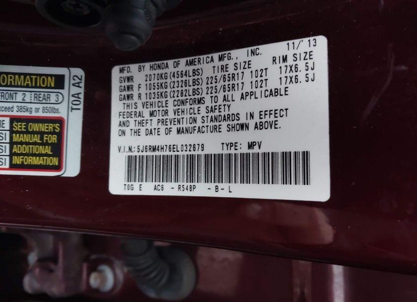 Photo 9 of 2014 Honda Cr-v EX-L (VIN 5J6RM4H76EL032679)