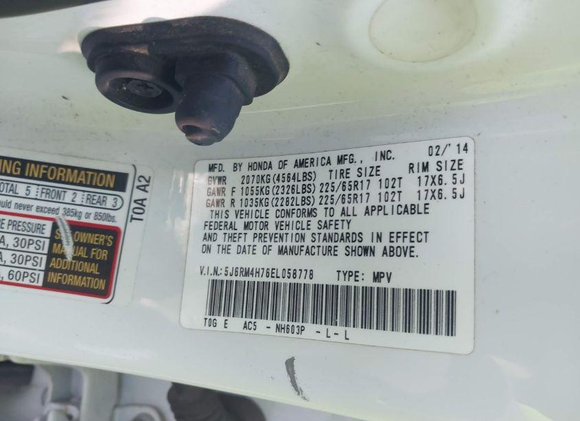 Photo 9 of 2014 Honda Cr-v EX-L (VIN 5J6RM4H76EL058778)