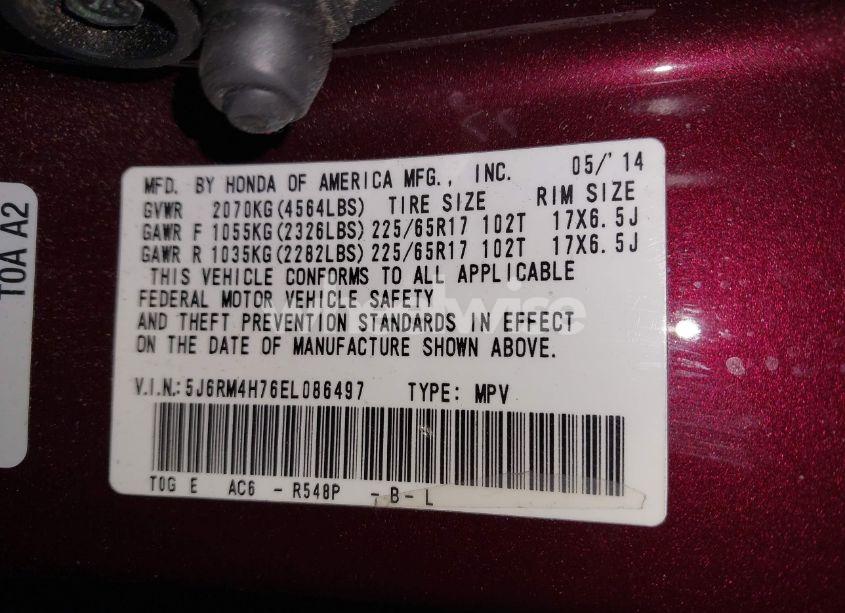 Photo 9 of 2014 Honda Cr-v EX-L (VIN 5J6RM4H76EL086497)