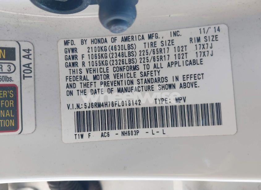 Photo 9 of 2015 Honda Cr-v EX-L (VIN 5J6RM4H76FL019142)