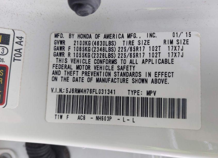 Photo 9 of 2015 Honda Cr-v EX-L (VIN 5J6RM4H76FL031341)