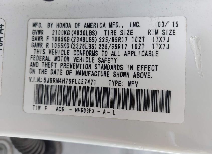 Photo 9 of 2015 Honda Cr-v EX-L (VIN 5J6RM4H76FL057471)