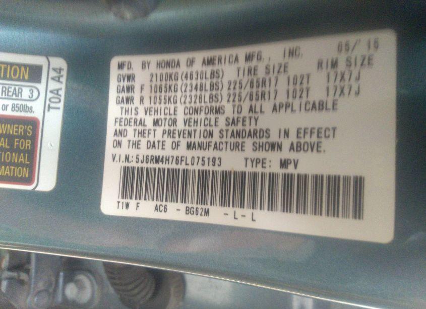 Photo 8 of 2015 Honda Cr-v EX-L (VIN 5J6RM4H76FL075193)