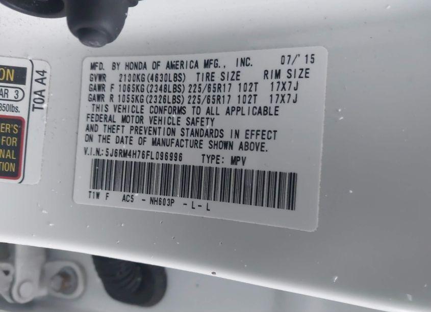 Photo 9 of 2015 Honda Cr-v EX-L (VIN 5J6RM4H76FL096996)