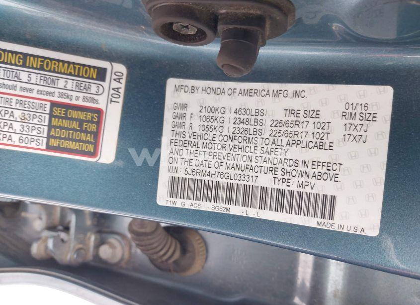 Photo 9 of 2016 Honda Cr-v EX-L (VIN 5J6RM4H76GL033317)