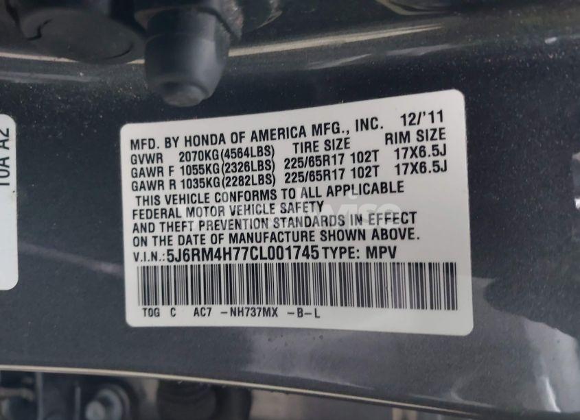 Photo 9 of 2012 Honda Cr-v EX-L (VIN 5J6RM4H77CL001745)