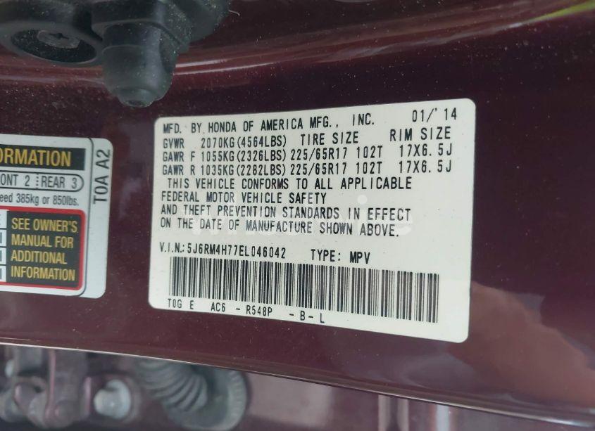 Photo 9 of 2014 Honda Cr-v EX-L (VIN 5J6RM4H77EL046042)