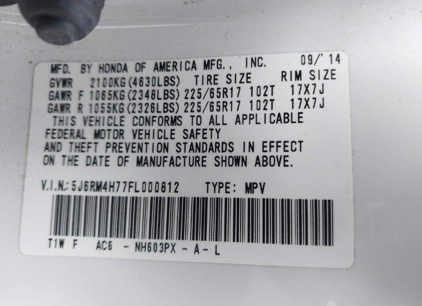 Photo 9 of 2015 Honda Cr-v EX-L (VIN 5J6RM4H77FL000812)