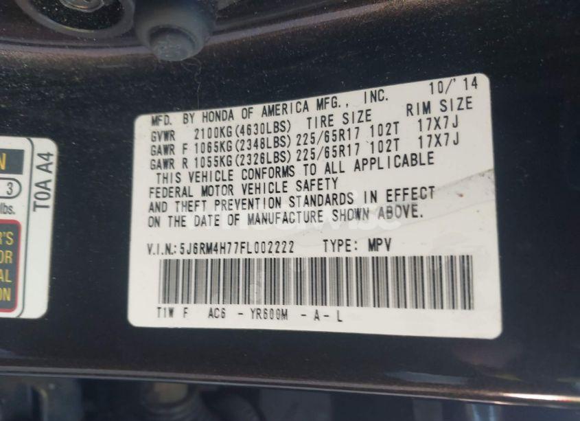 Photo 9 of 2015 Honda Cr-v EX-L (VIN 5J6RM4H77FL002222)