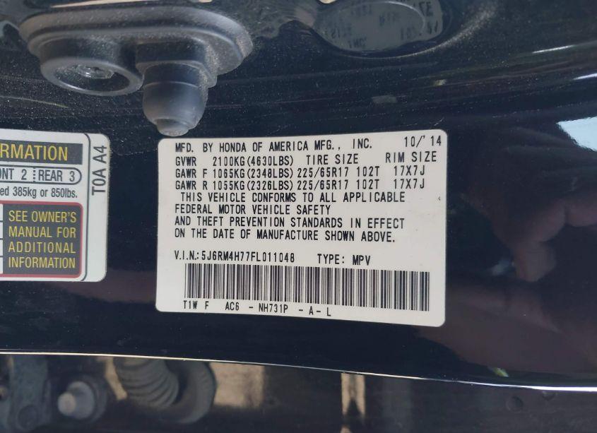 Photo 9 of 2015 Honda Cr-v EX-L (VIN 5J6RM4H77FL011048)