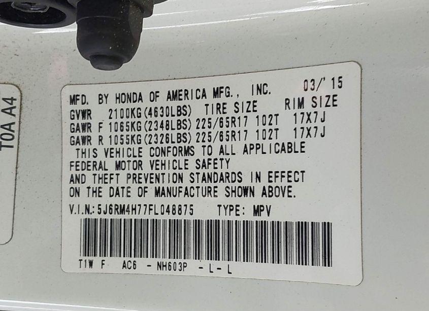 Photo 9 of 2015 Honda Cr-v EX-L (VIN 5J6RM4H77FL048875)